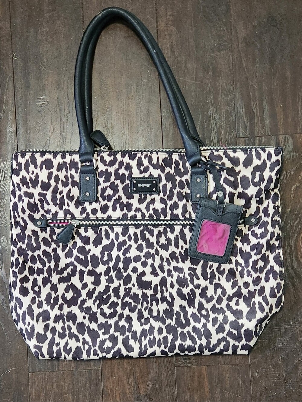 Nine West Black and Cream Leopard-Print Tote with Raspberry Interior New W/O Tag